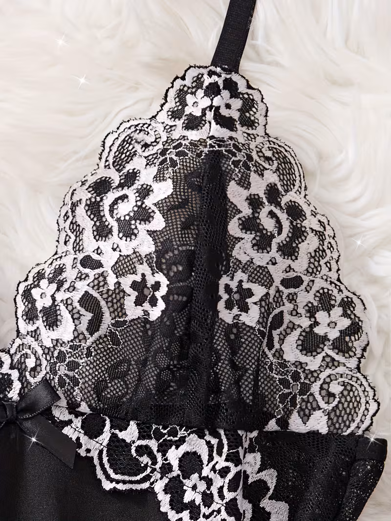 2pcs color block floral lace nightdress set v neck semi sheer bow dress and briefs womens elegant sleepwear and loungewear black 3