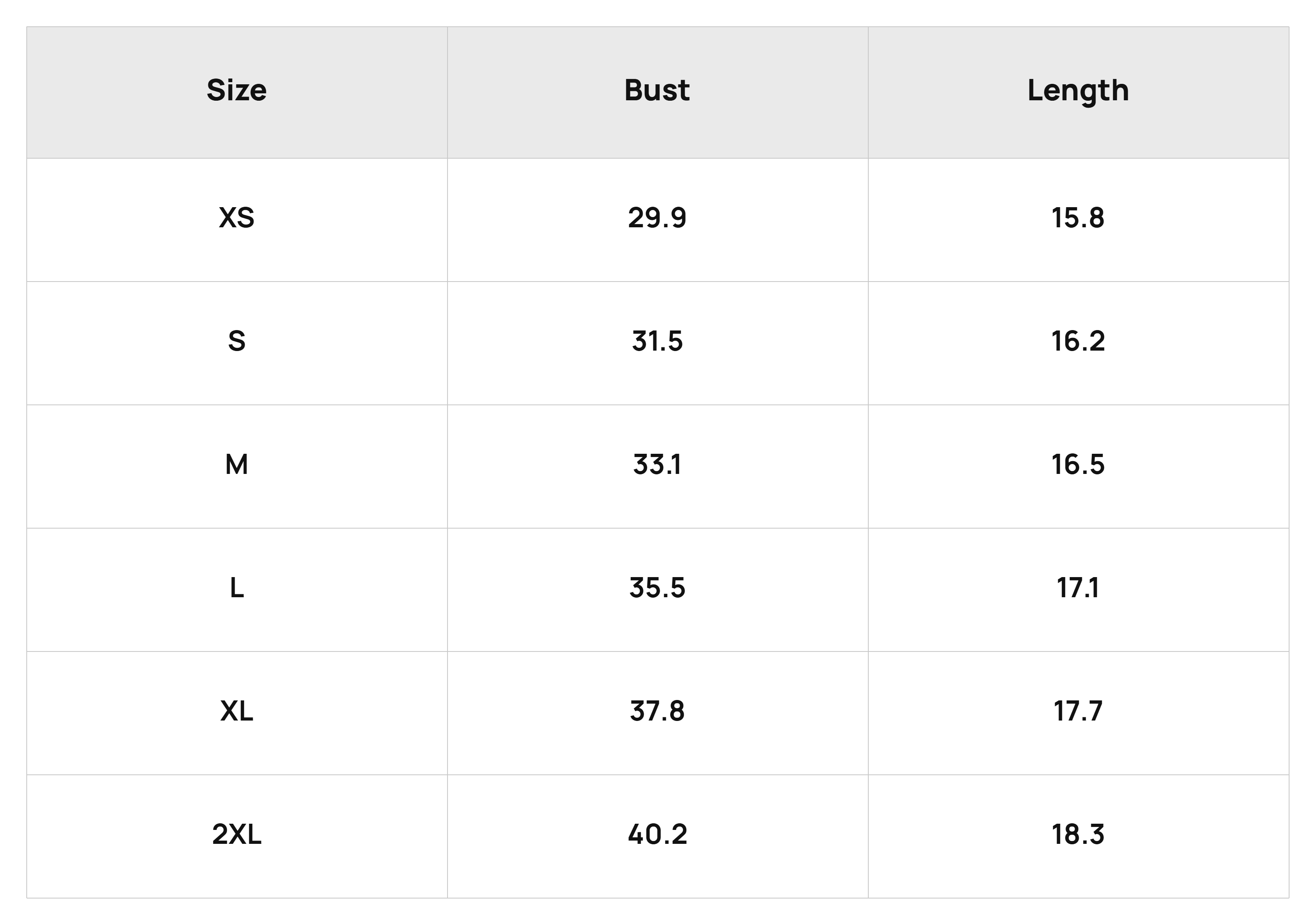 Size Chart Tops Product Size Chart