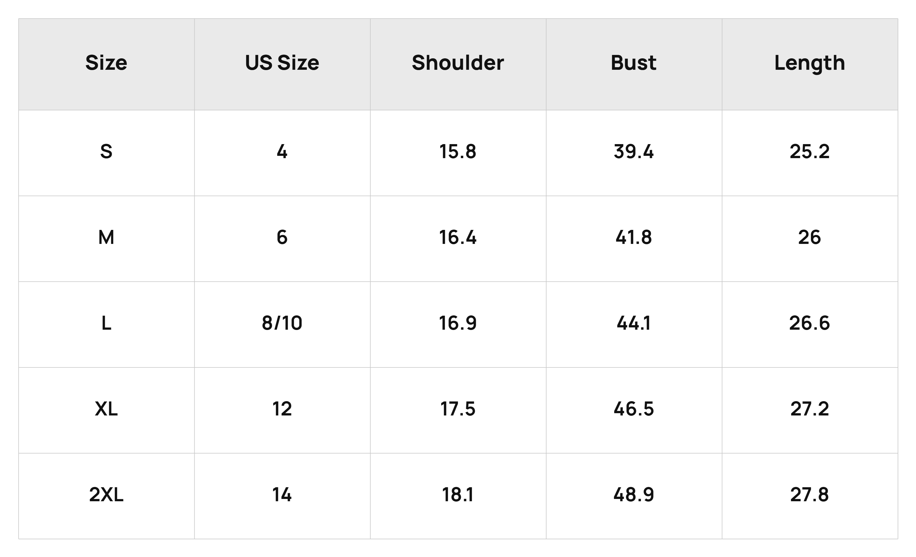 Size Chart Tops Product Size Chart