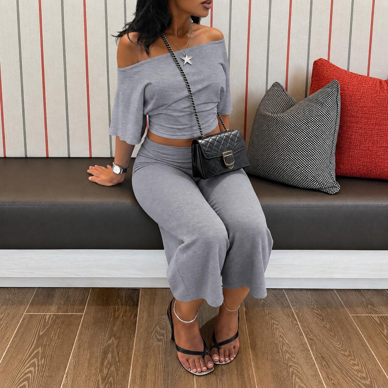Asymmetrical Cropped T Shirt and Wide Cut Capri Pants 2 Piece Casual Set for Women