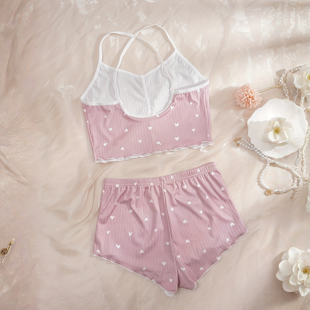 Cordate Printed Cross Strap Pajama Top And Shorts Set