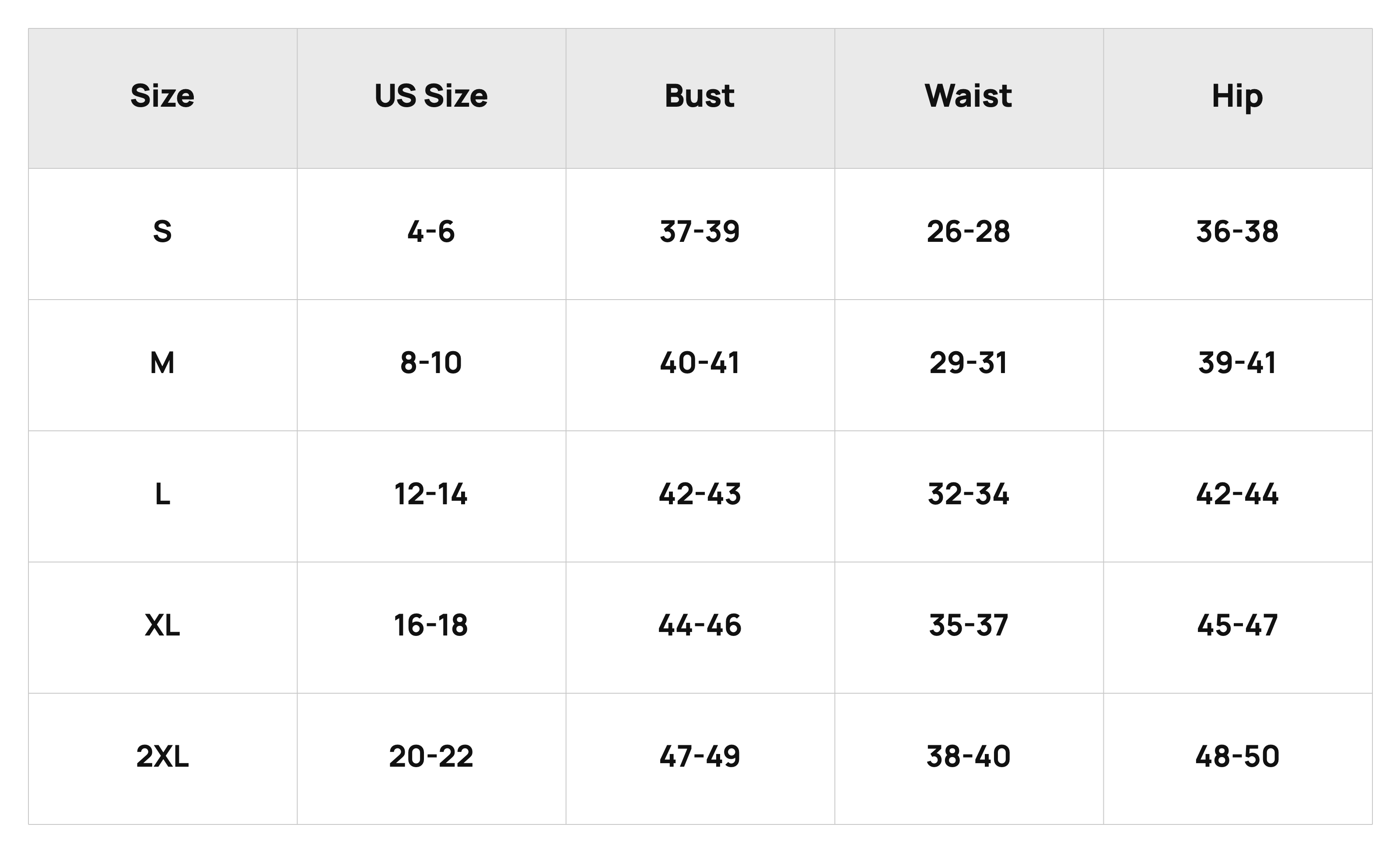 Size Chart Size Chart