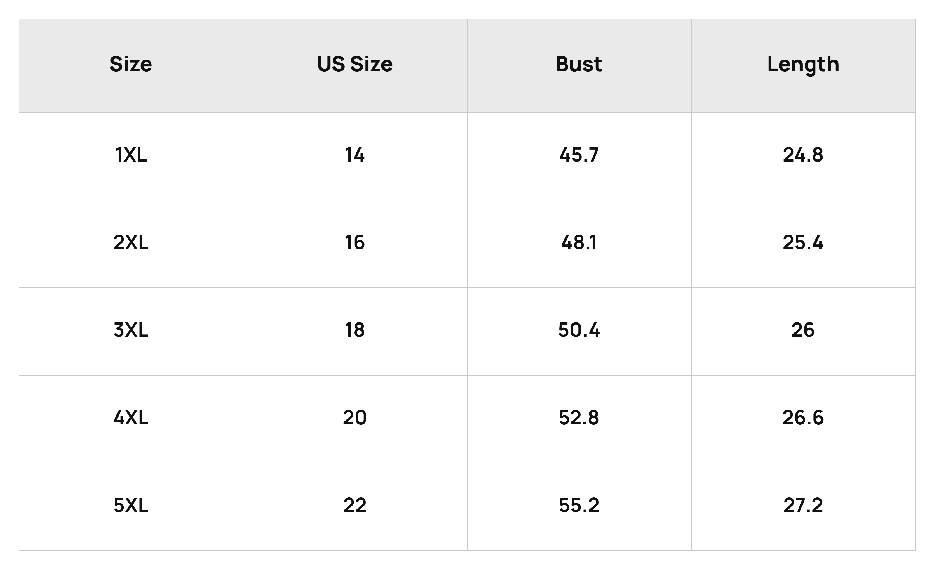 Size Chart Tops Product Size Chart