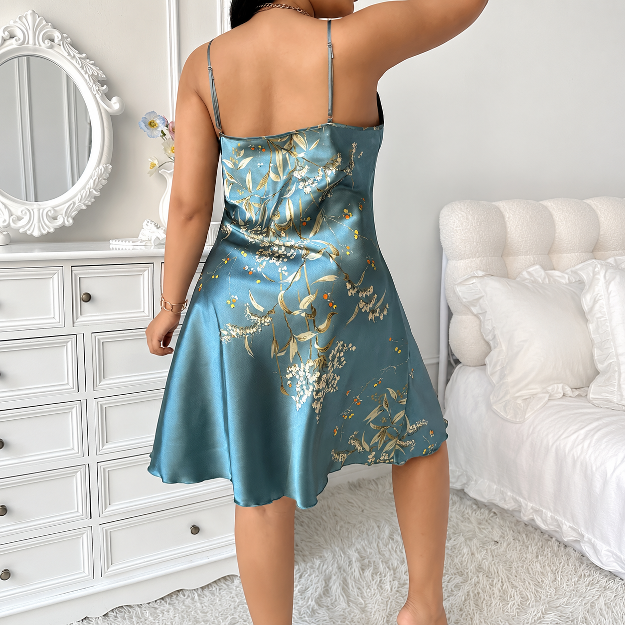 Floral Print Draped Collar Camisole Nightgown For Women 