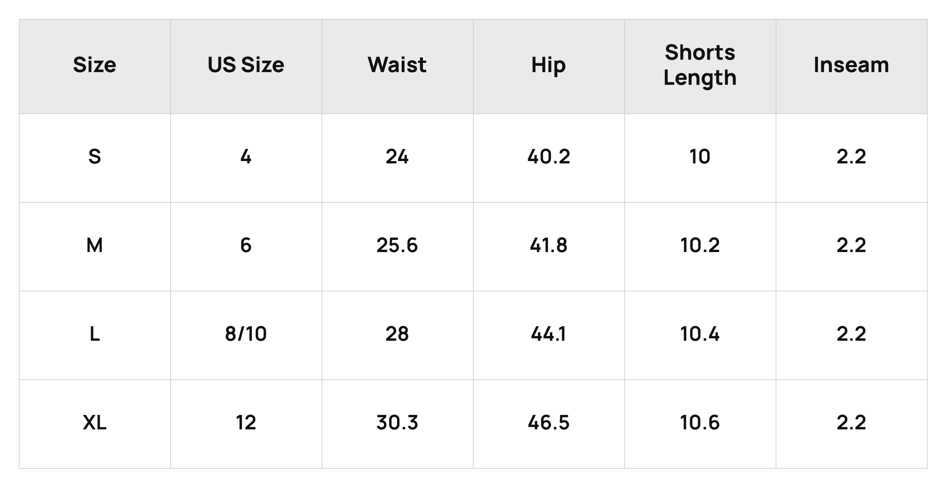 Size Chart Bottoms Product Size Chart