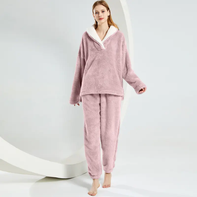 2 Piece Of Fluffy Long Sleeve Sleepwear Pajama Set With Pullover Pants For Women