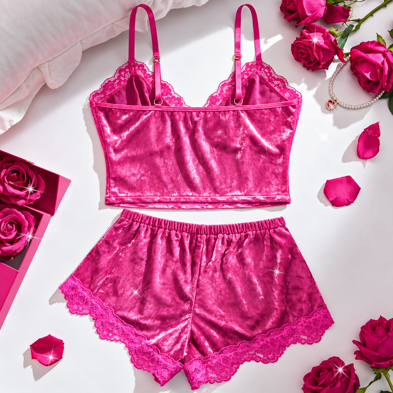 2 Pieces Lace Trim Pajama Set For Women