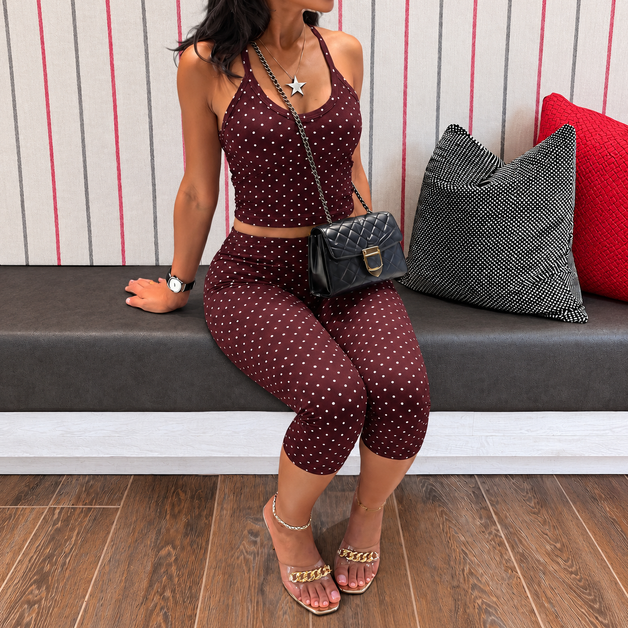 2 Pieces Polka Dot Top And Cropped Pants Set For Women