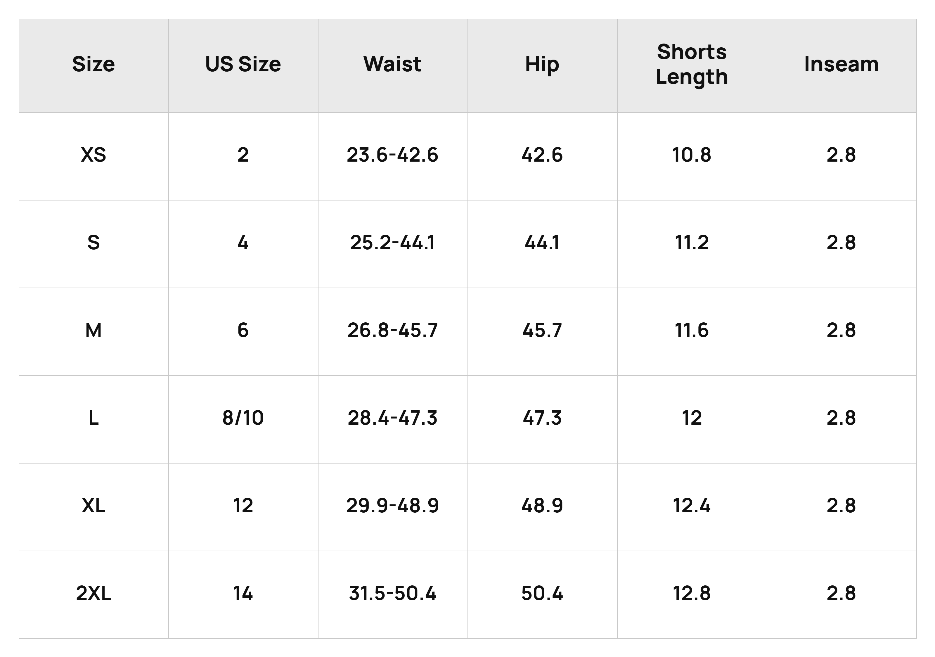 Size Chart Bottoms Product Size Chart