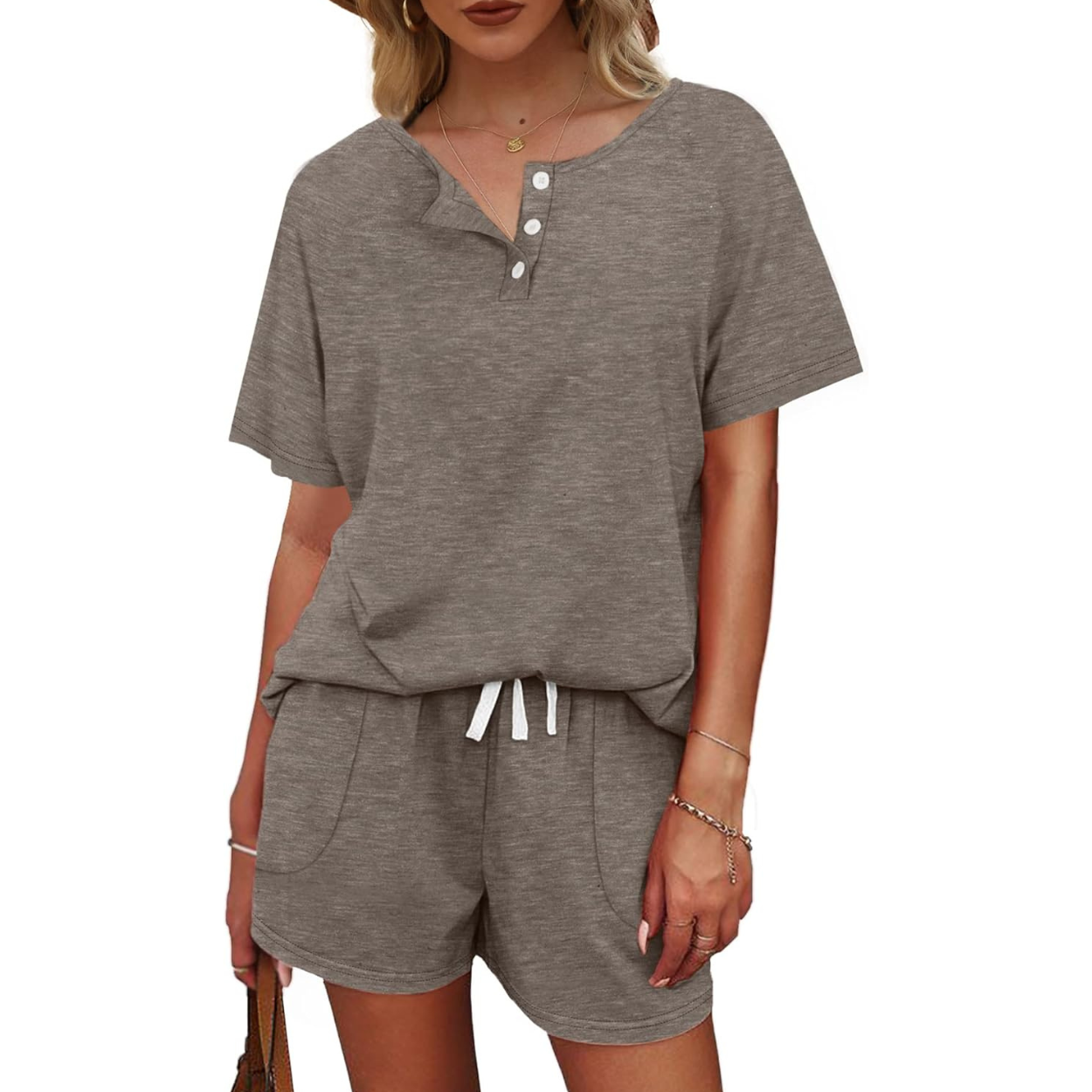 Two Piece Lounge Set with Button Down Top And Shorts