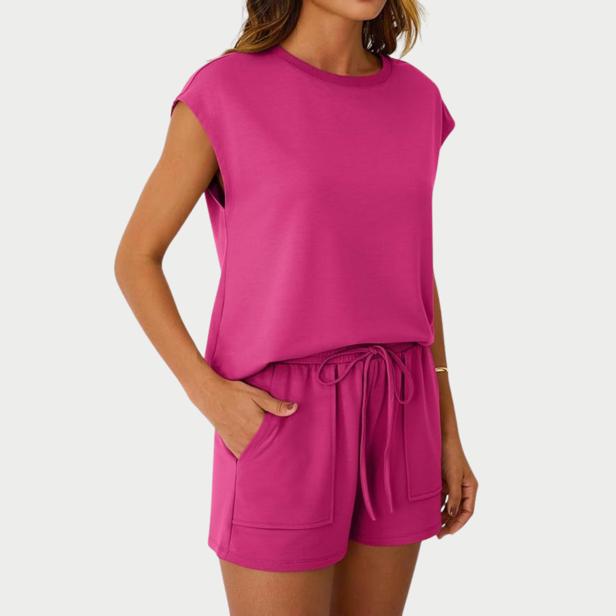 Two Piece Cap Sleeve Drawstring Short Set For Women