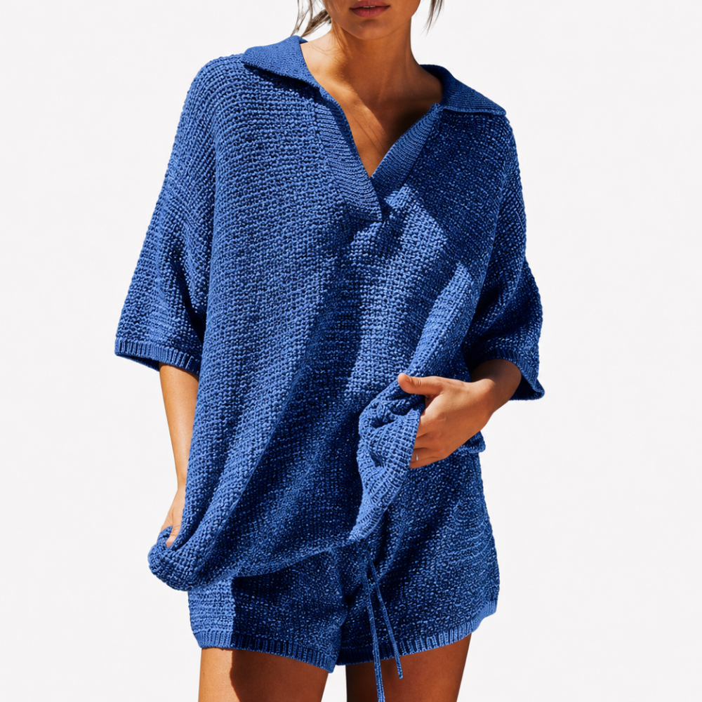 Casual 2 Piece Oversized V Neck Knit Top And Shorts Set For Women