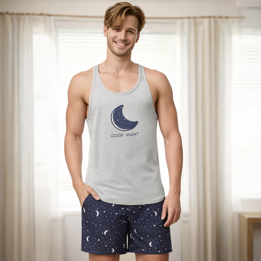 Sleeveless Moon Printed Matching Pajama Set For Couple