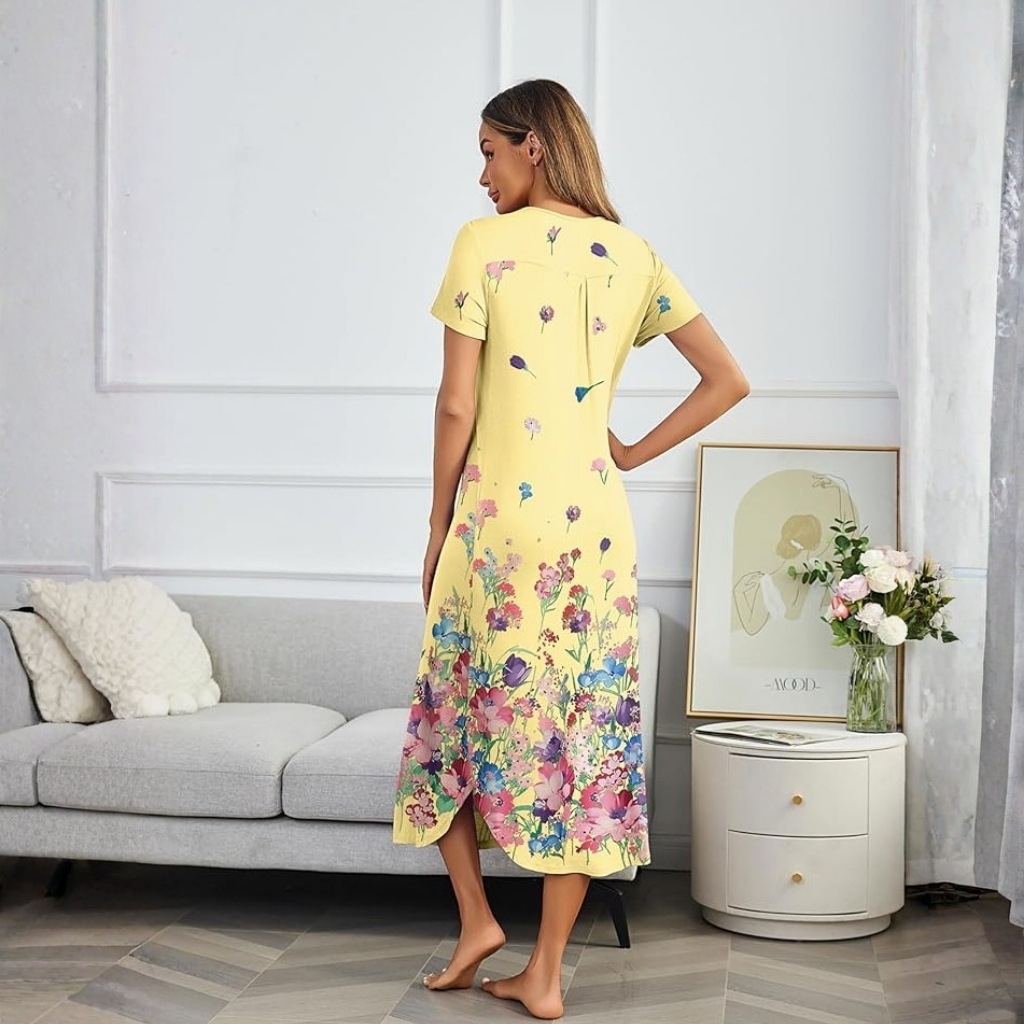 Pleated Long Nightgown Short Sleeve For Women