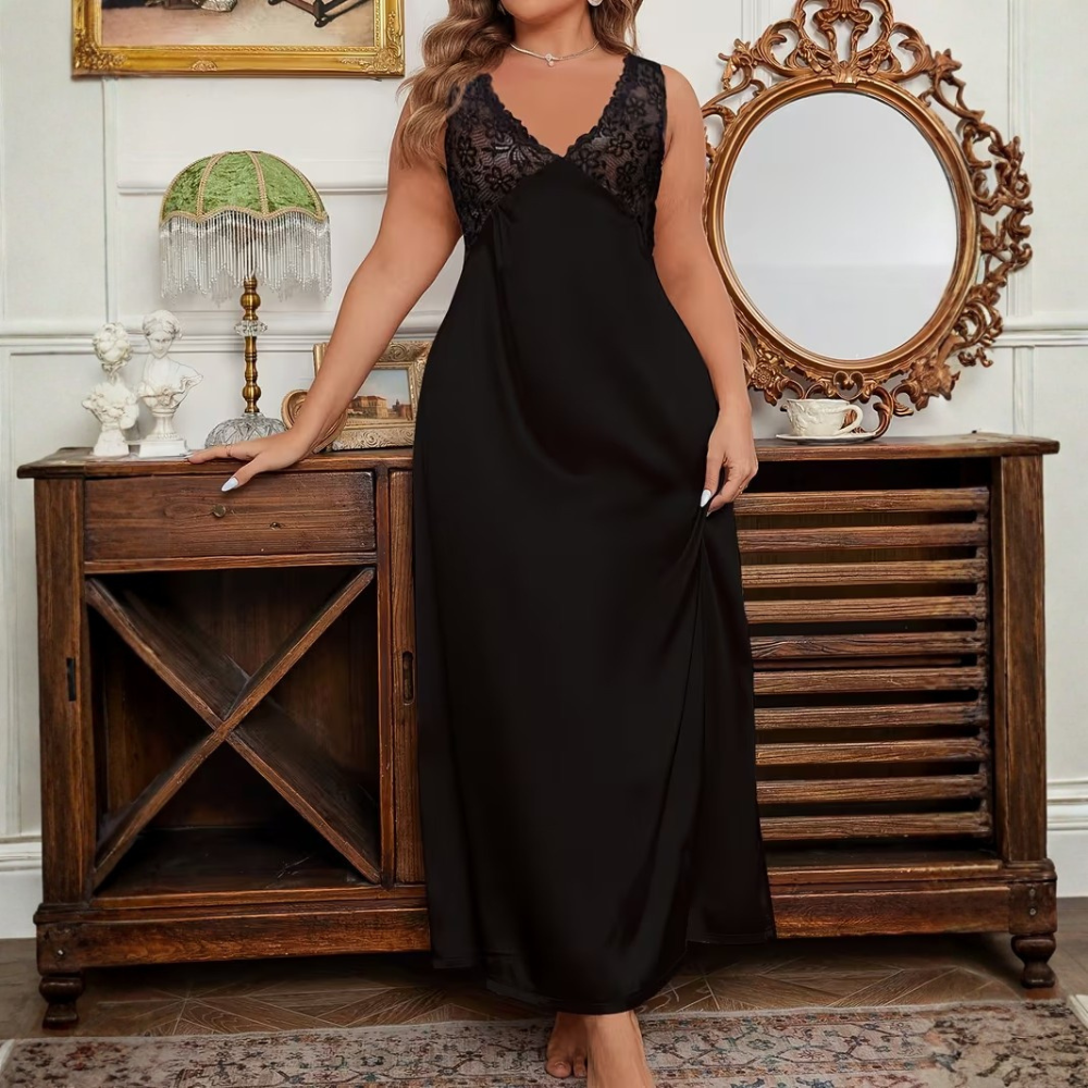 Plus Size Elegant Solid Color Lace Trim V Style Nightgown For Women