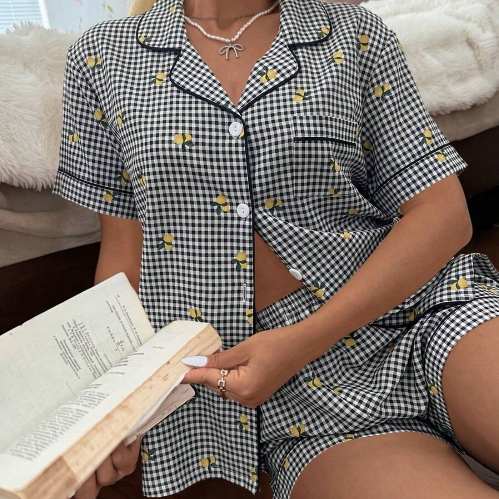 Lemon Plaid Button Up Short Sleeve Pajama Shorts Set For Women