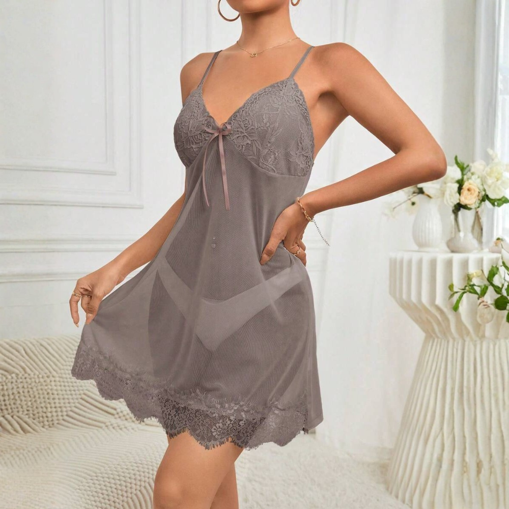 Contrast Lace Long Sleeve Robe And Camisole Sleepwear Set