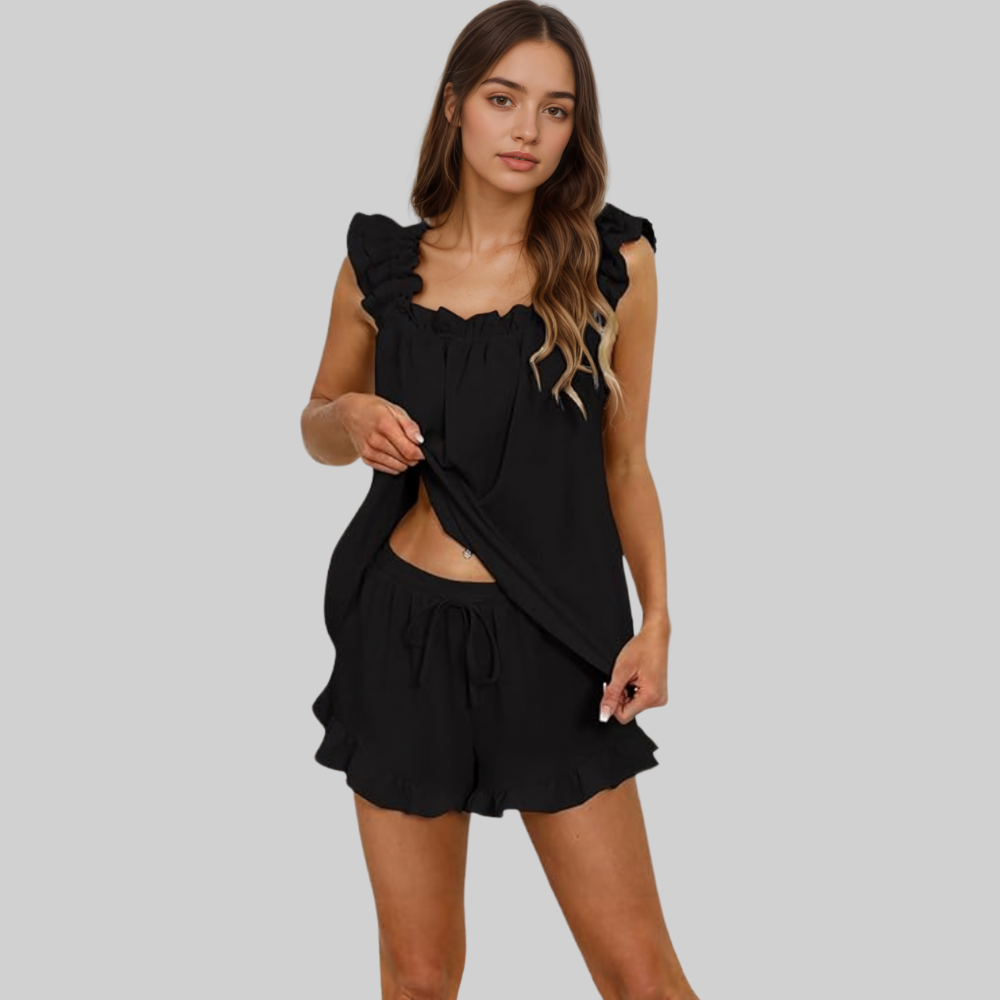 Women Ruffle Pajama Set 2 Piece Soft Tank Top And Shorts Sleepwear