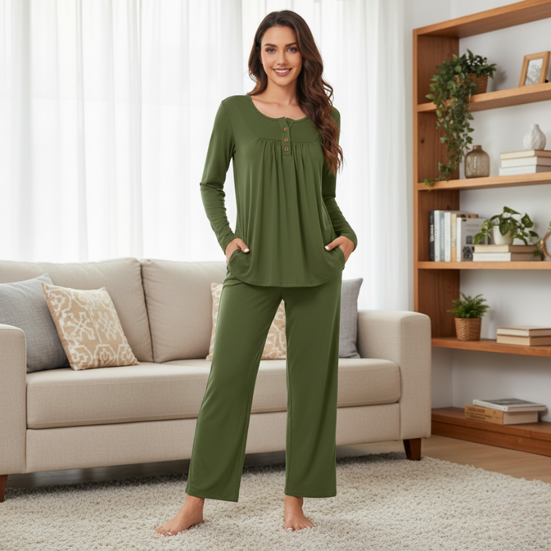 Women Long Sleeve Pajama Set With Pockets