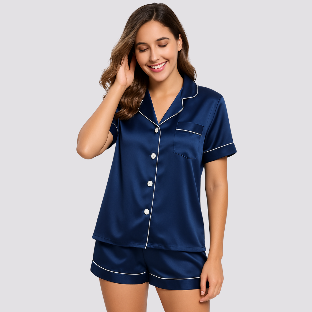Womens Silk Satin Pajamas Short Sleeve Button Down Set