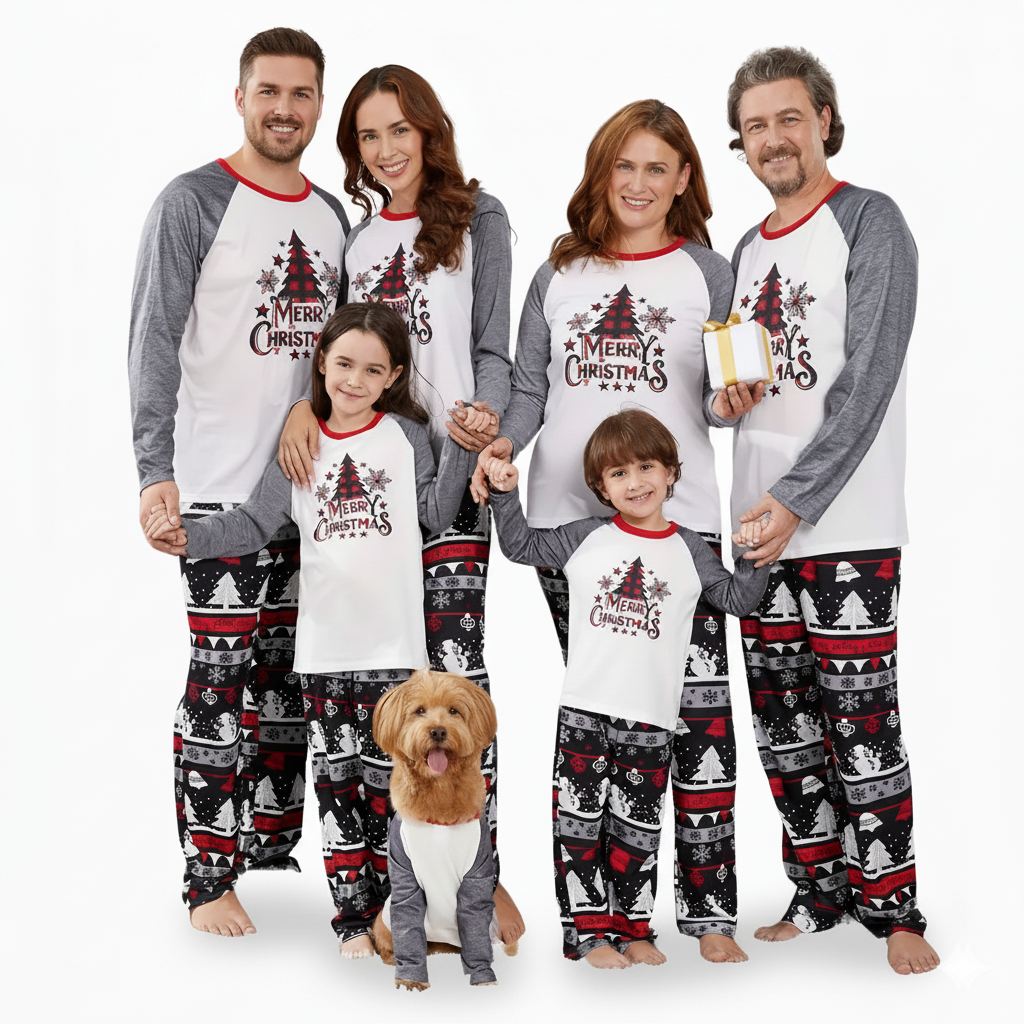 Tree and Snowflake Printed Merry Christmas Family Matching Pajama Set