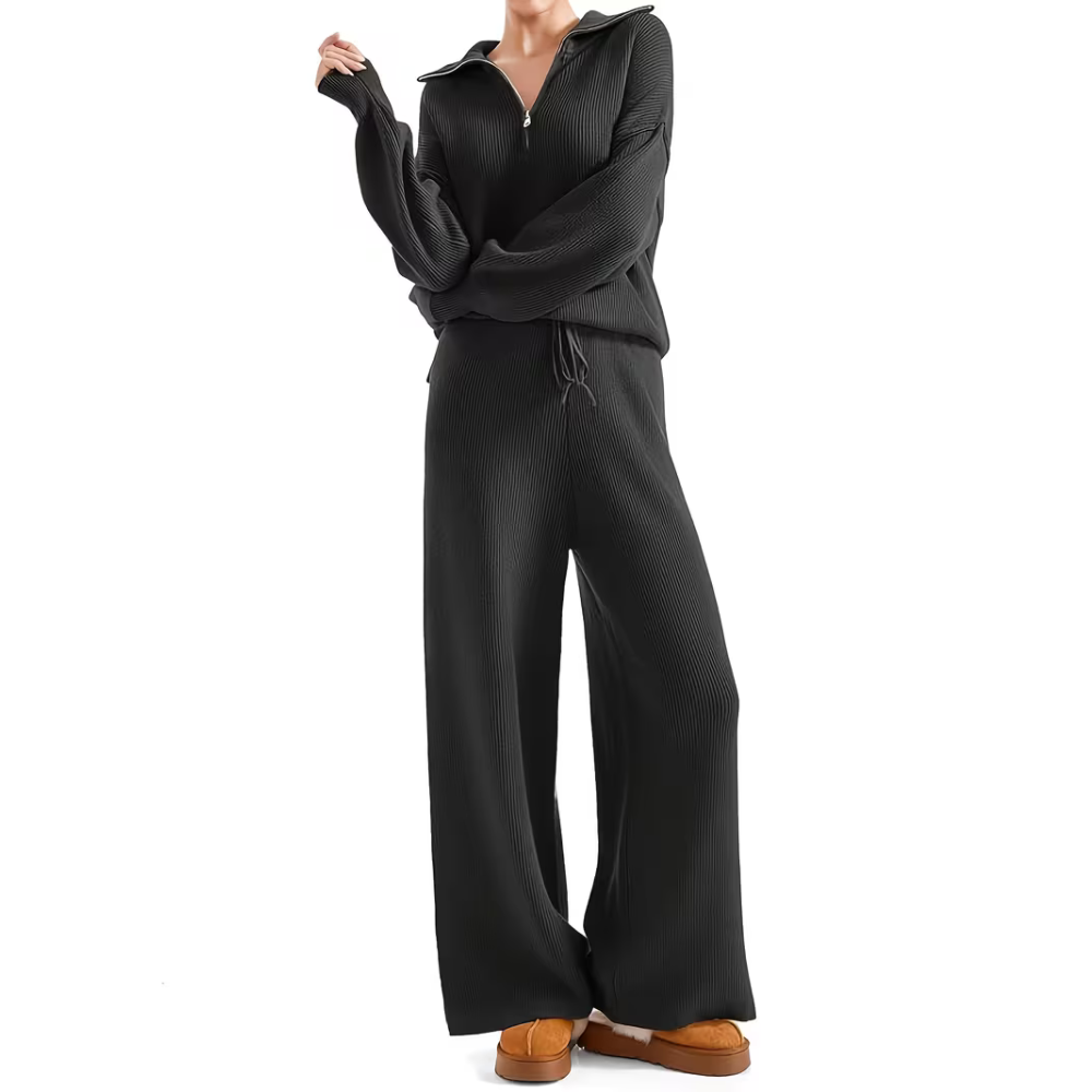 Zip Collar Knit Top Pant Set