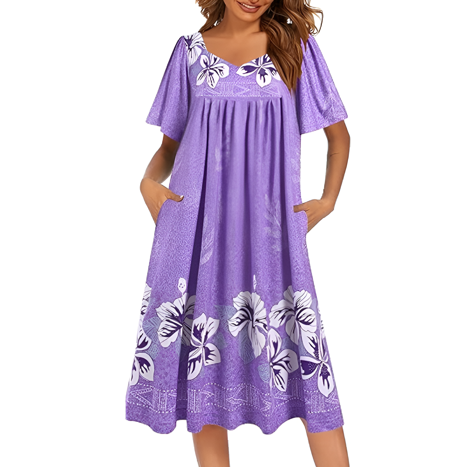 Pleated Nightgown With Short Sleeves And Pockets For Women