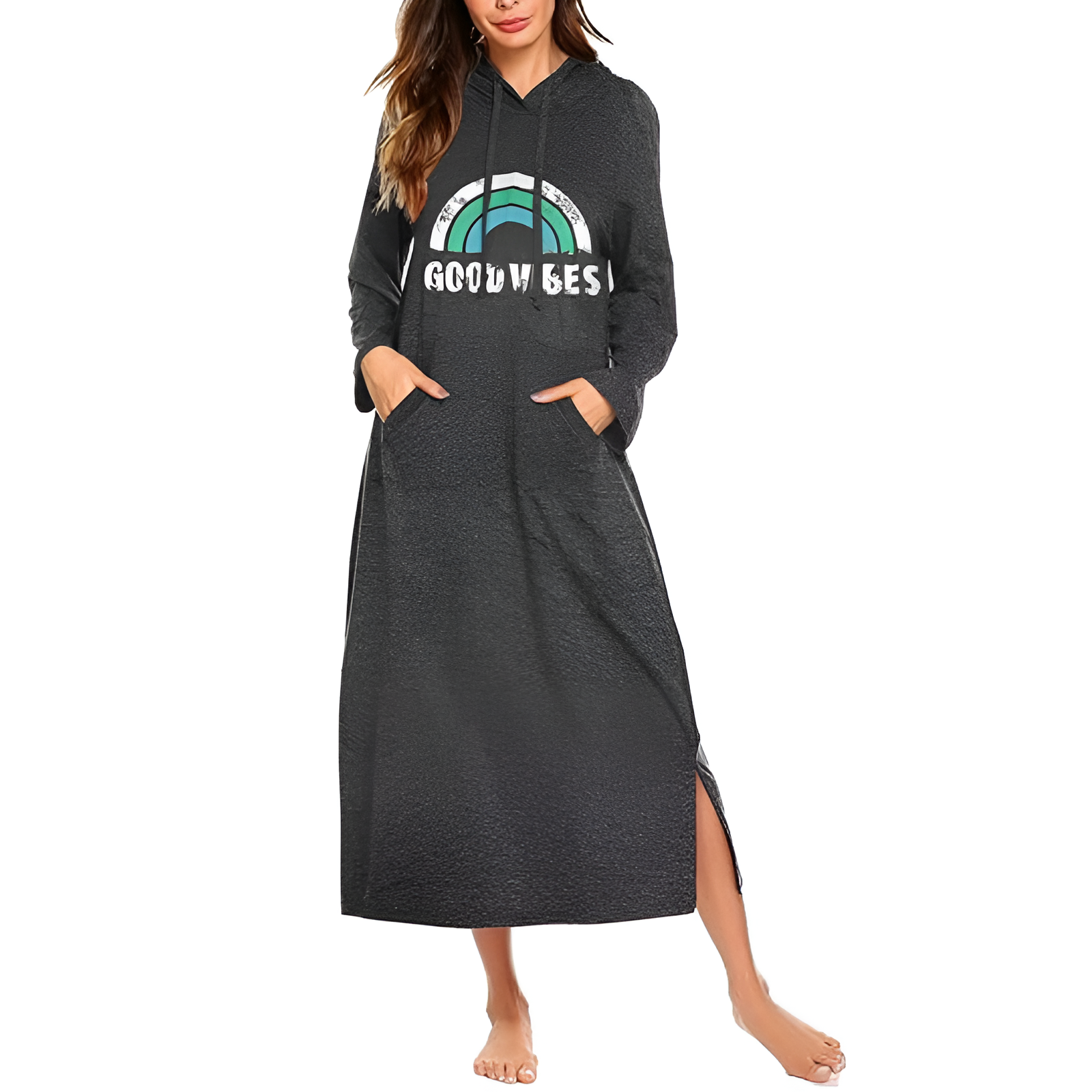 Hooded Nightgown Long Sleeve Full Length Loungewear With Pocket For Women