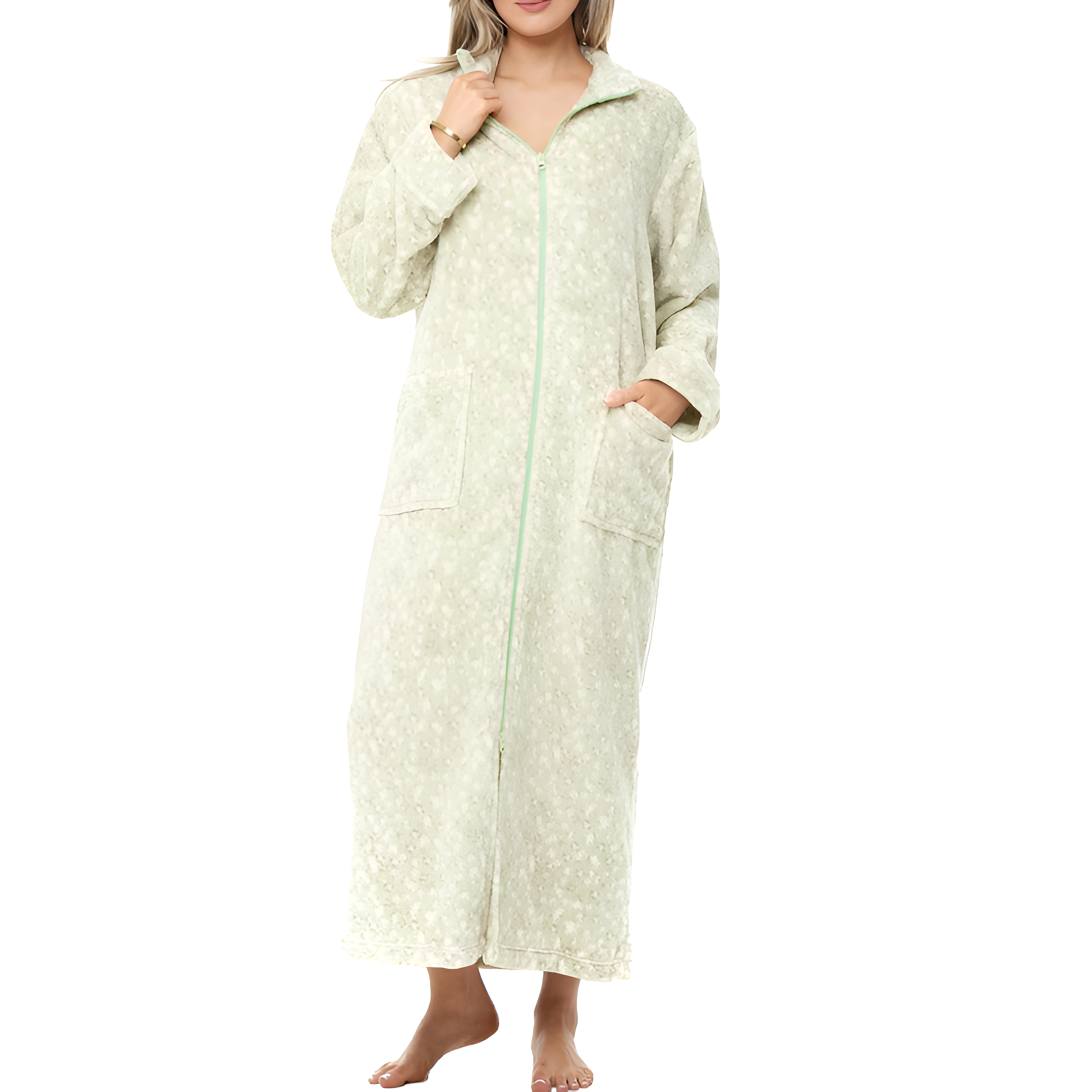 Plush Zippered Bathrobe With Large Pockets For Women
