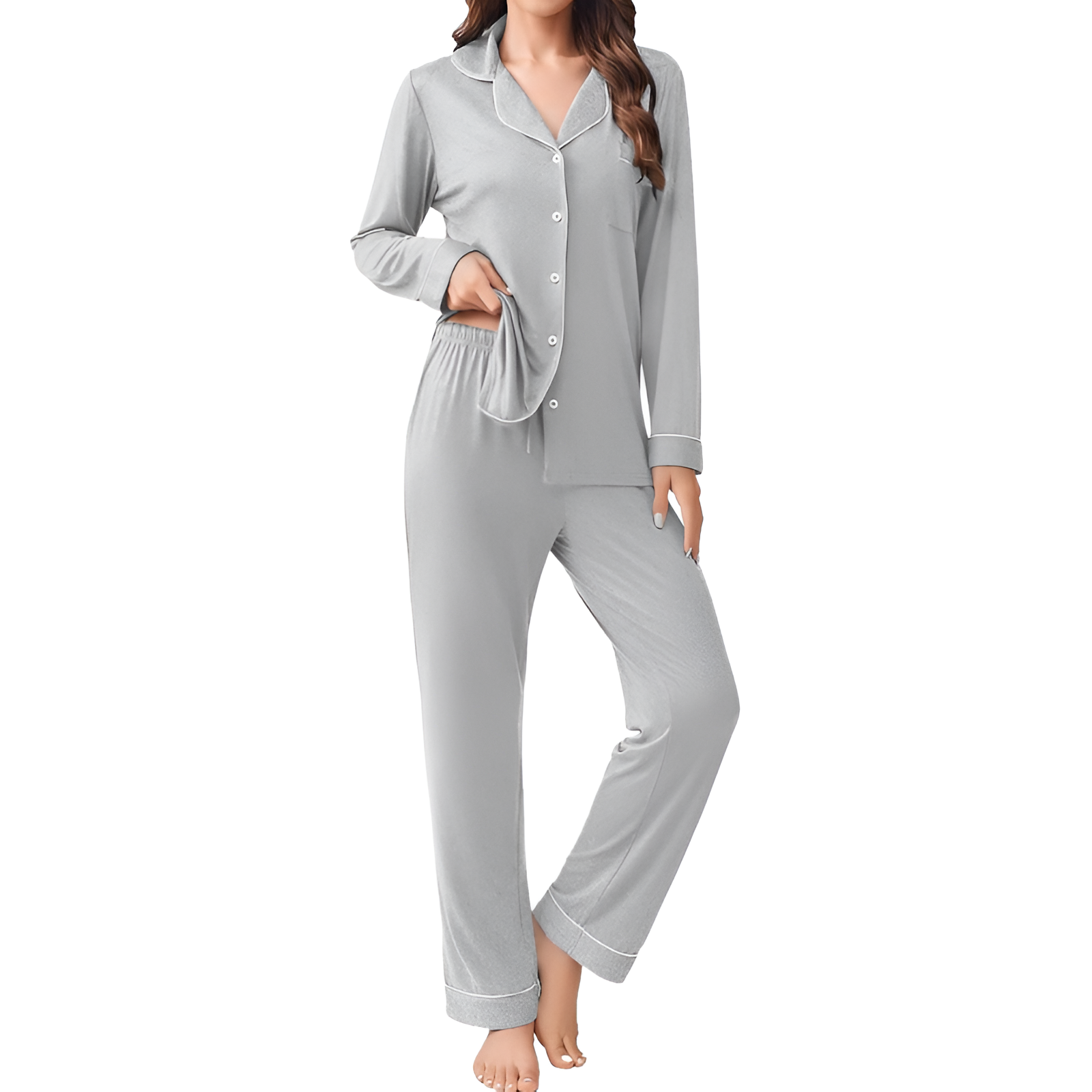 Long Sleeve Button Front Top Two Piece Pajama Set With Pants For Women