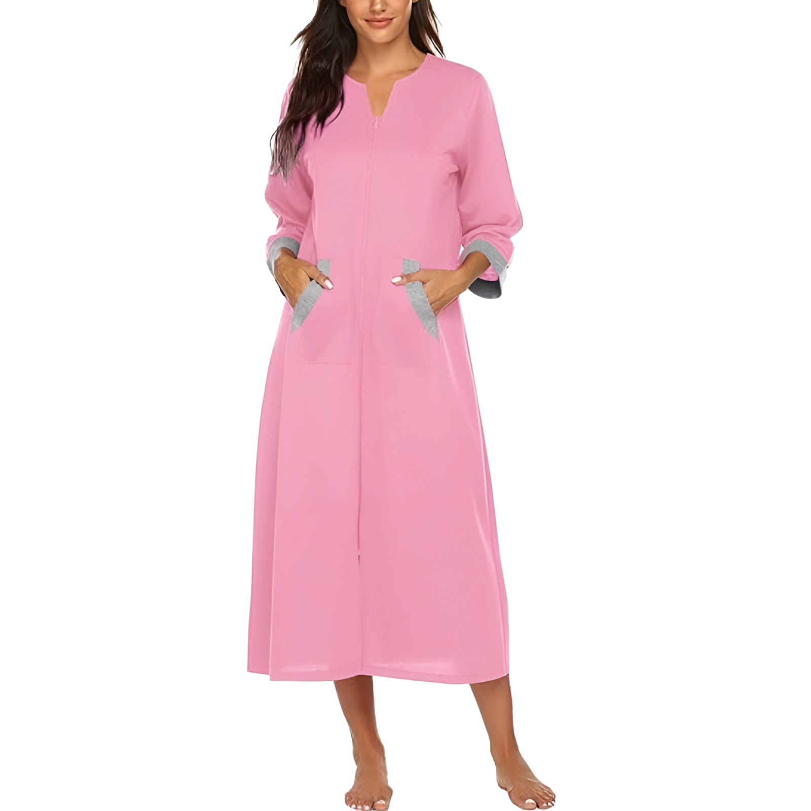 Women Zipper Robe Sleeves Loungewear Dress Full Length Sleepwear Pockets
