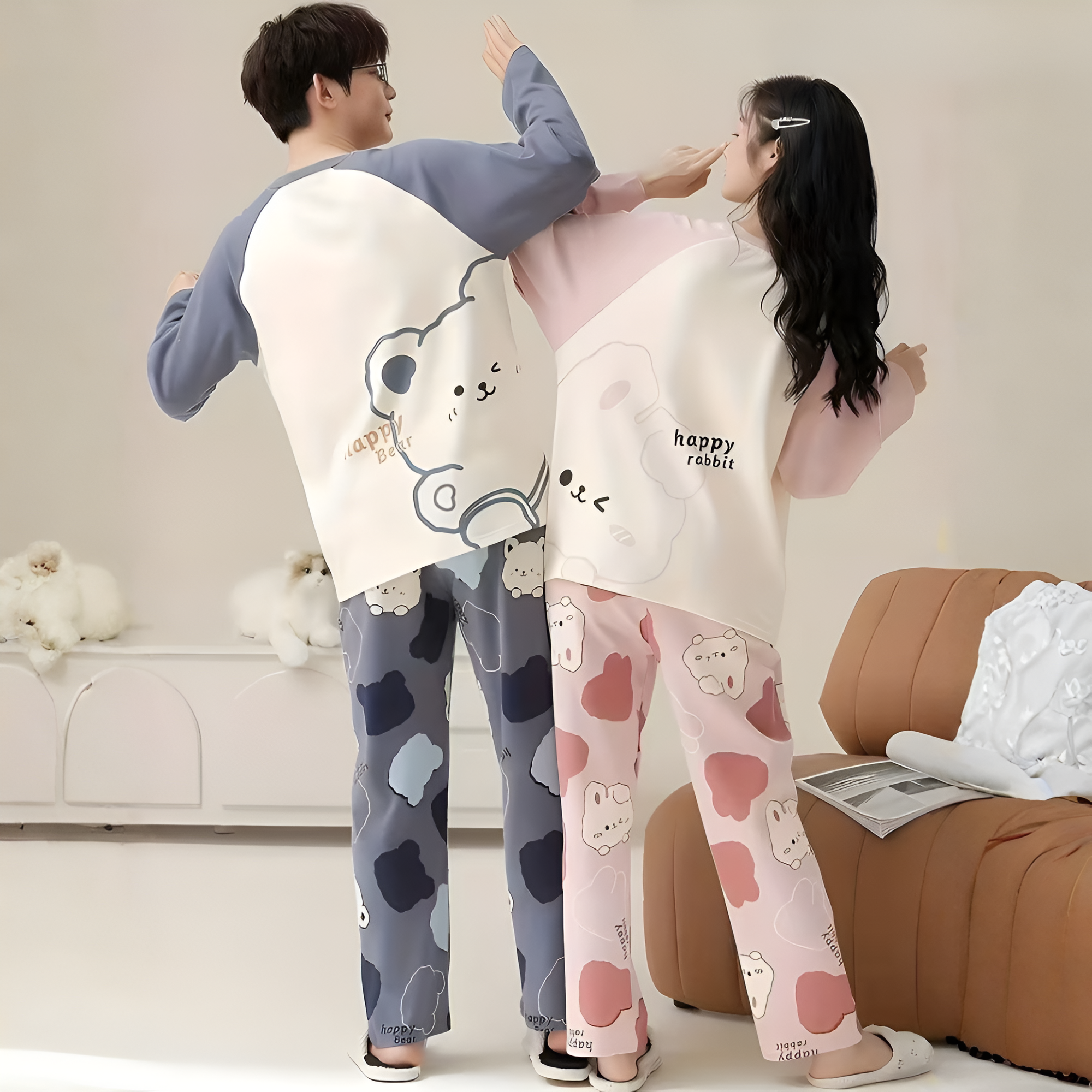 Couple Style Cartoon Bear Print Long Sleeve Long Pants Loungewear Set