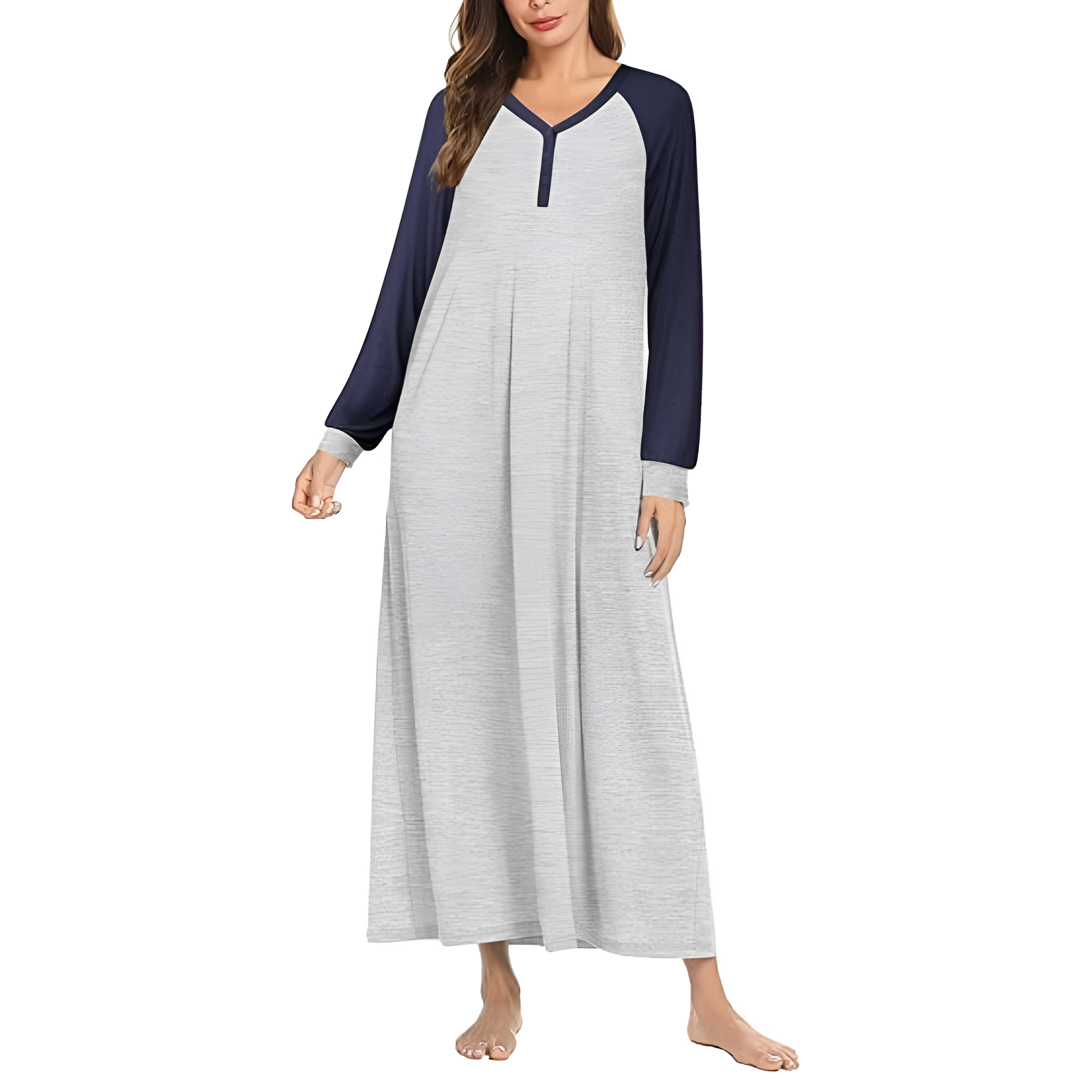 Long Sleeve Plaid Nightgown Button Front Sleep Dress For Women
