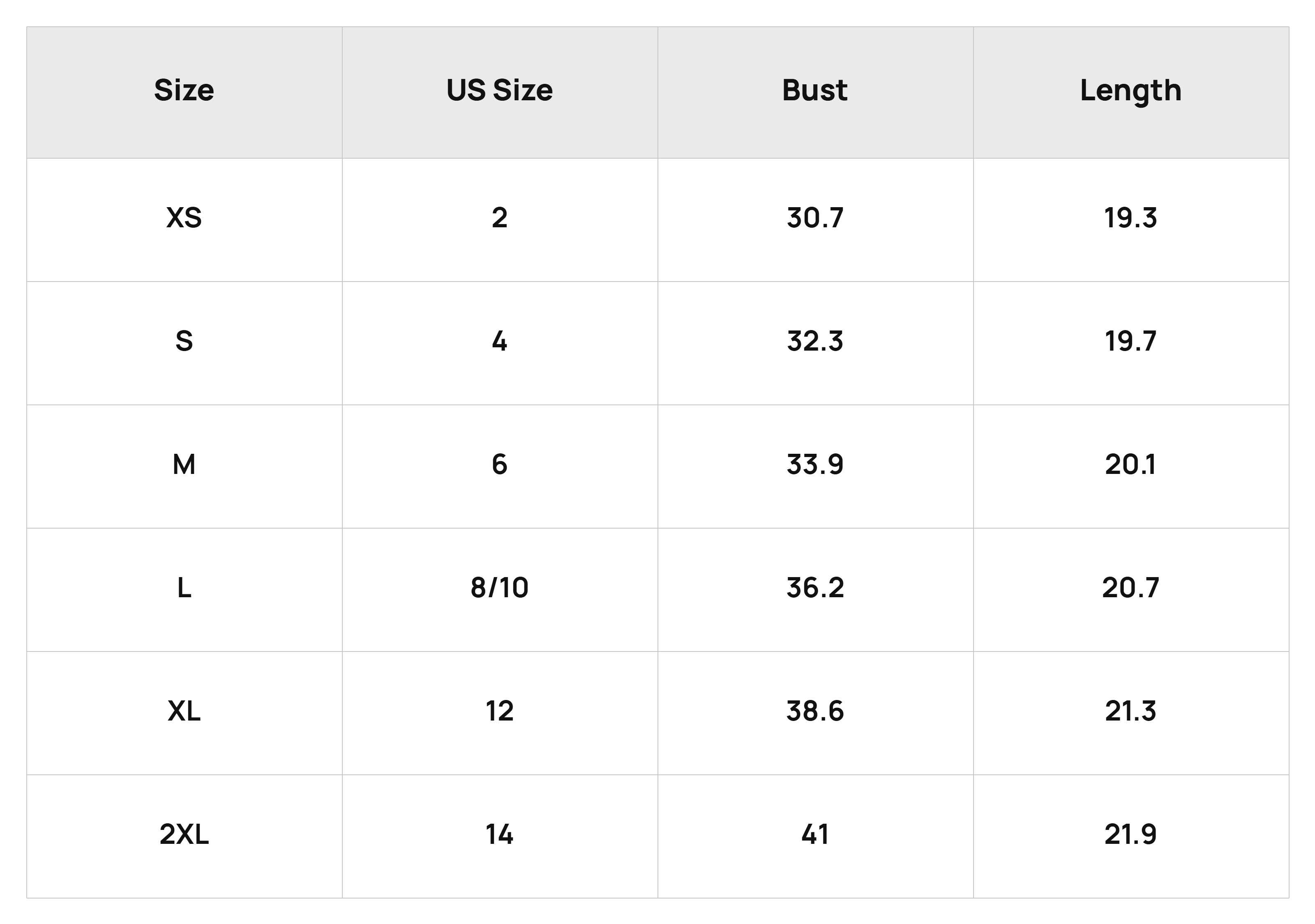 Size Chart Tops Product Size Chart