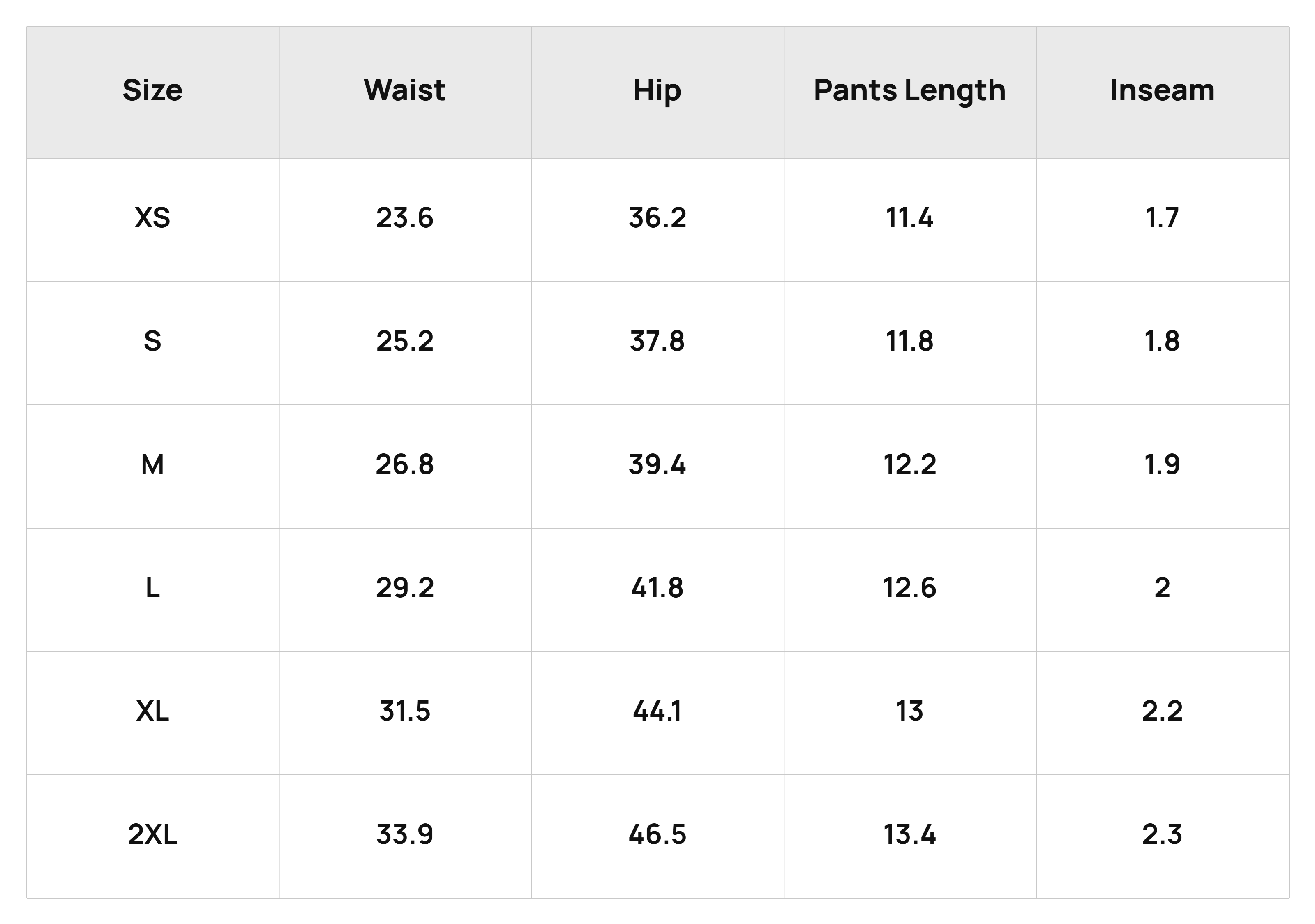 Size Chart Bottoms Product Size Chart