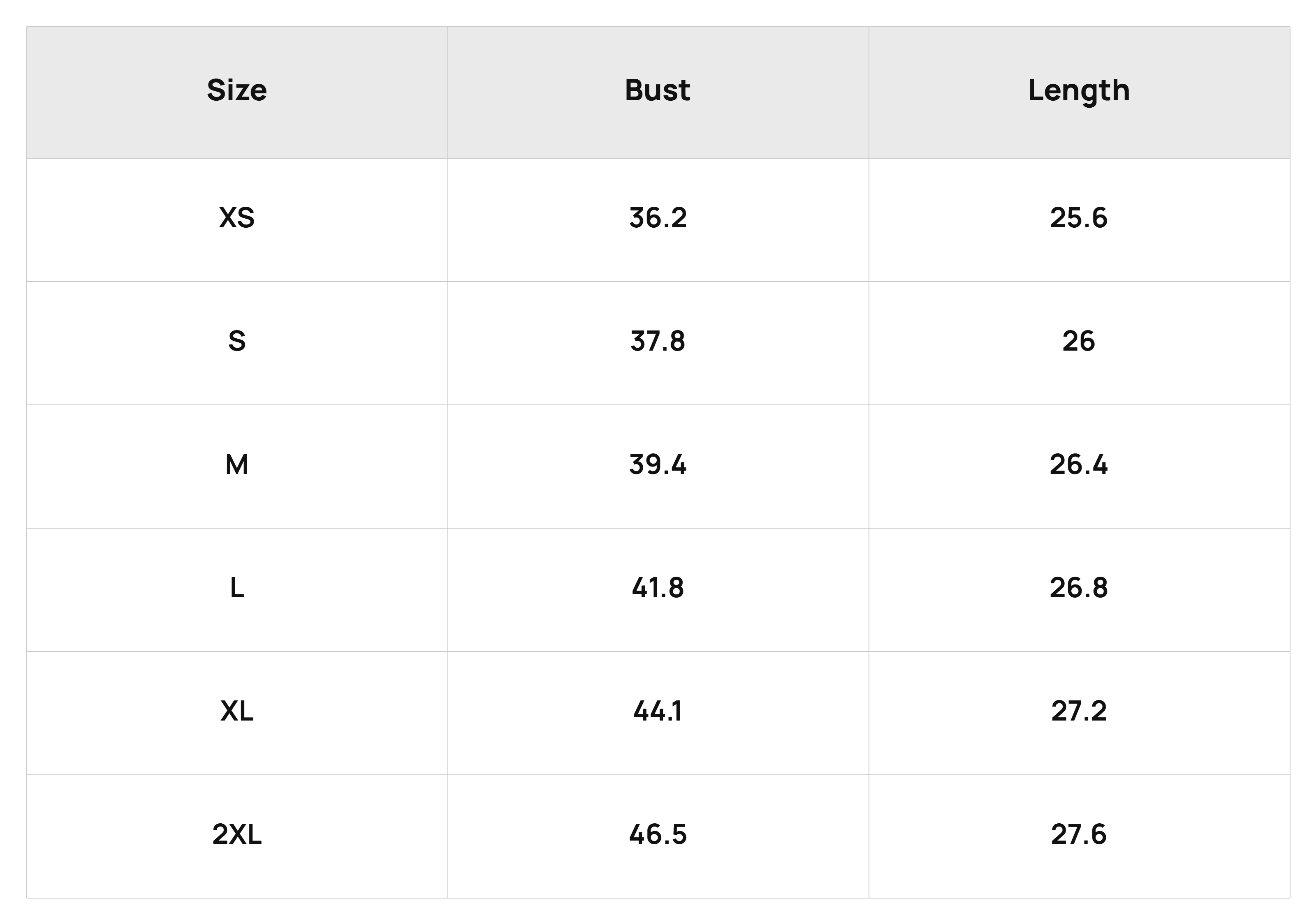 Size Chart Tops Product Size Chart