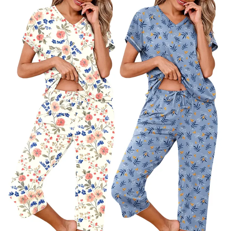 Pack of 2 Short Sleeve Capri Pajama Set with Pockets for Women
