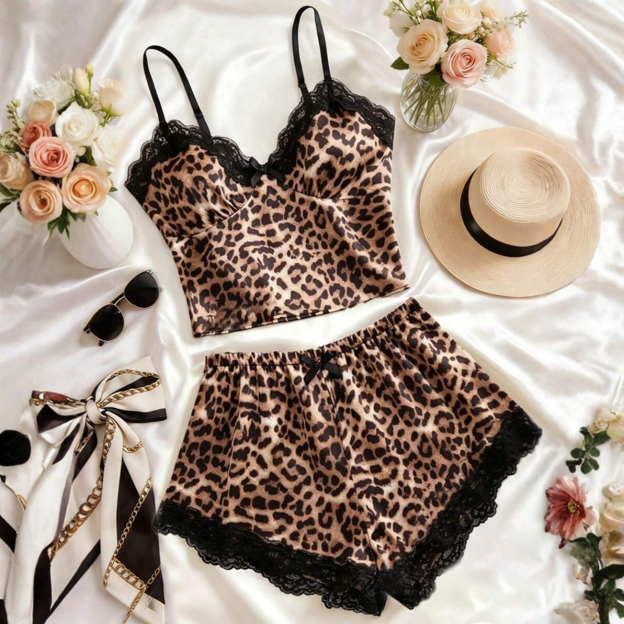 Bow Detail Adjustable Strap Two Piece Pajama Set with Lace Trim for Women