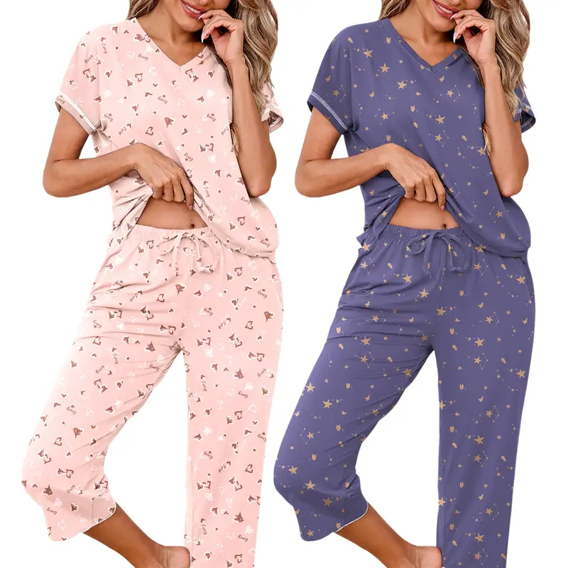 Pack of 2 Short Sleeve Capri Pajama Set with Pockets for Women