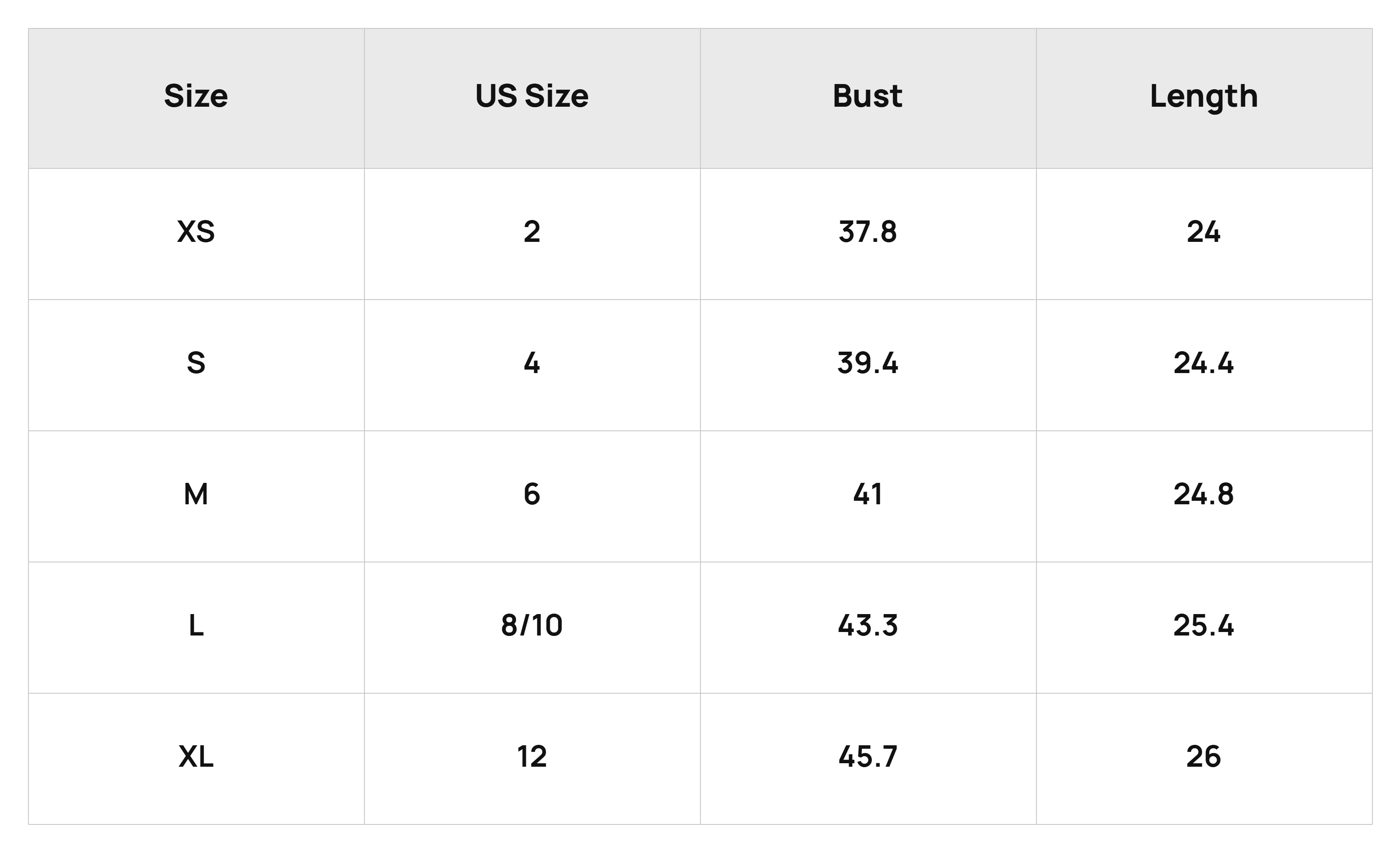 Size Chart Tops Product Size Chart