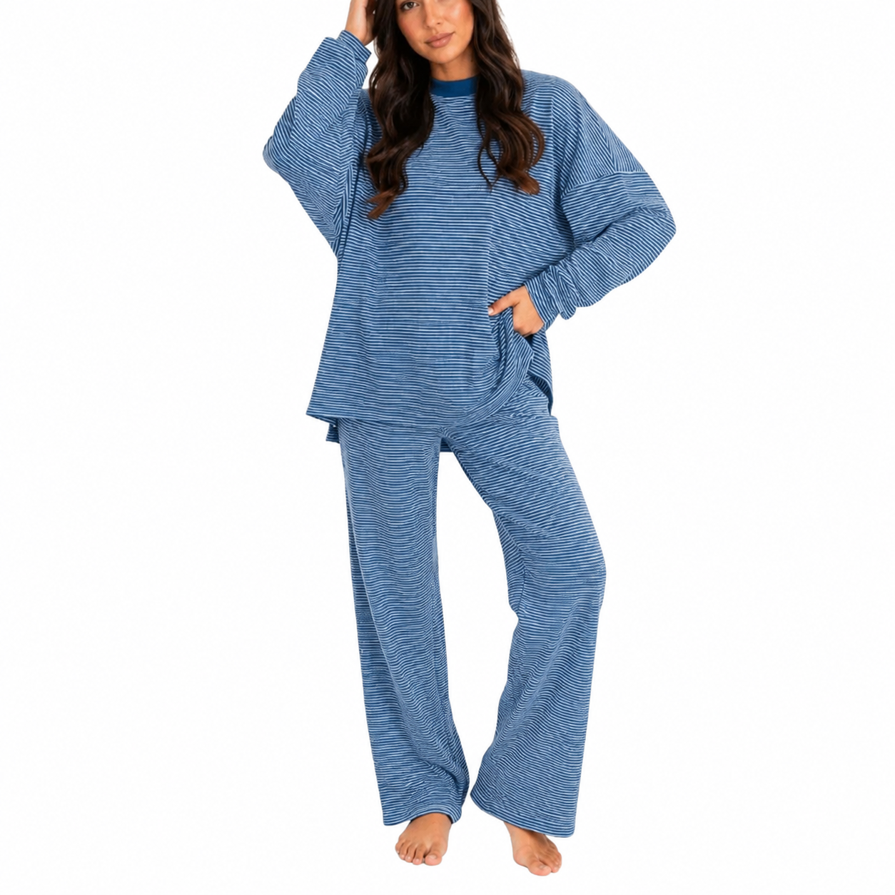2 Pieces Wide Oversized Long Striped Cotton Loungewear For Women