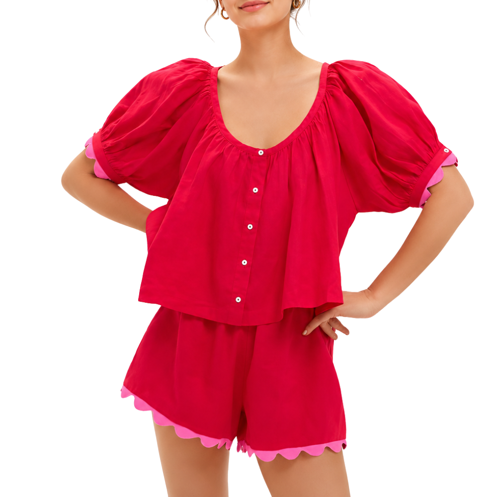 Women 2 Piece Set Gingham Puff Sleeve Top And Shorts