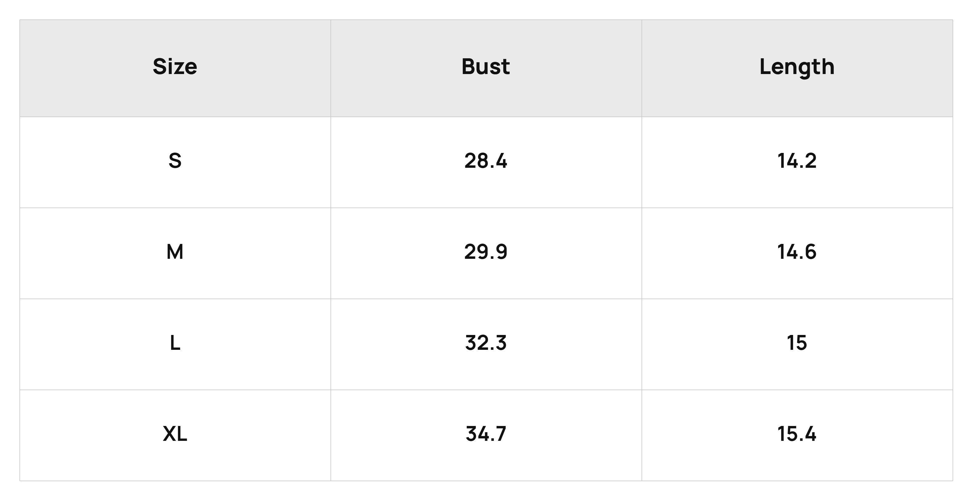 Size Chart Tops Product Size Chart