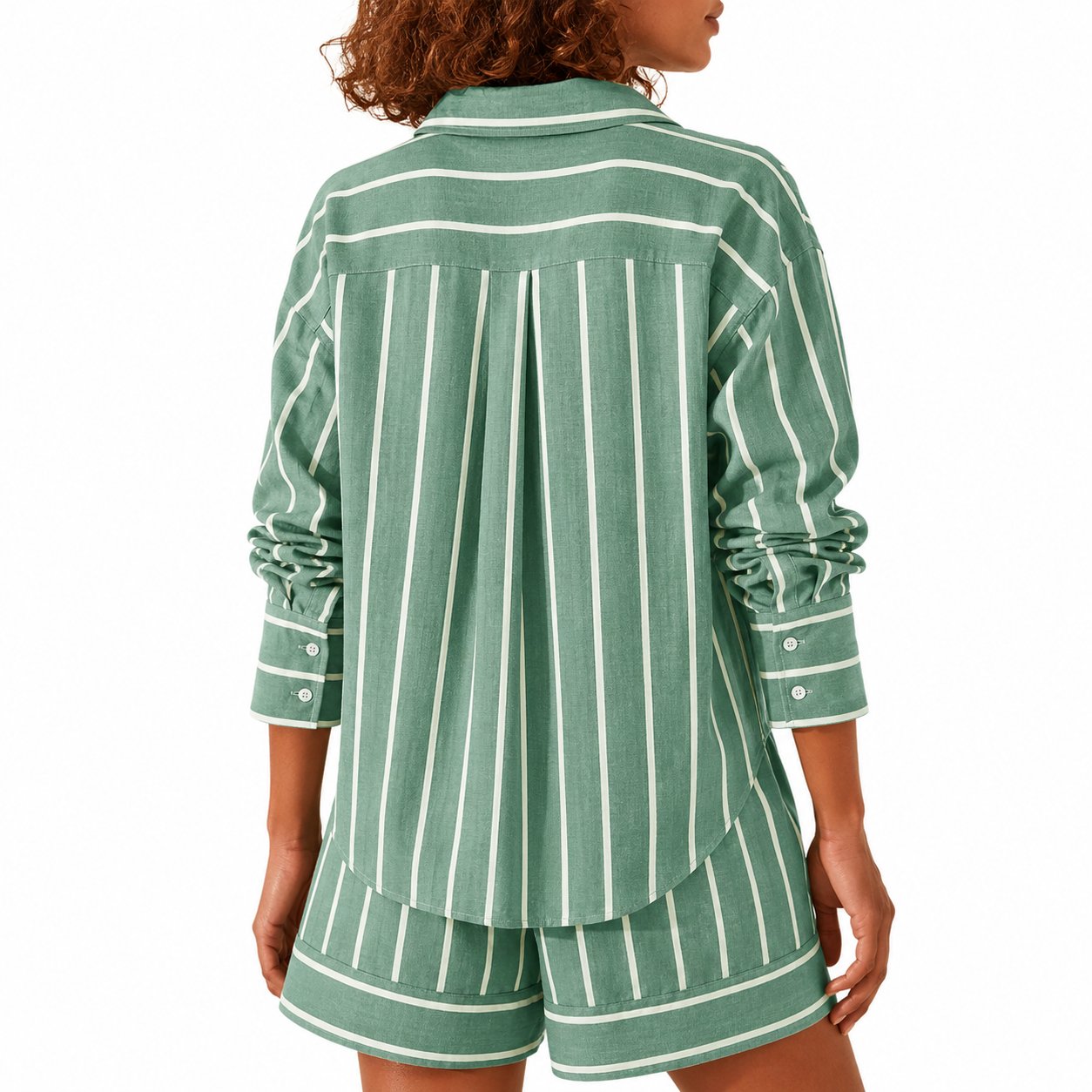Striped Sleeve Down Collared Shirt Sets For Women