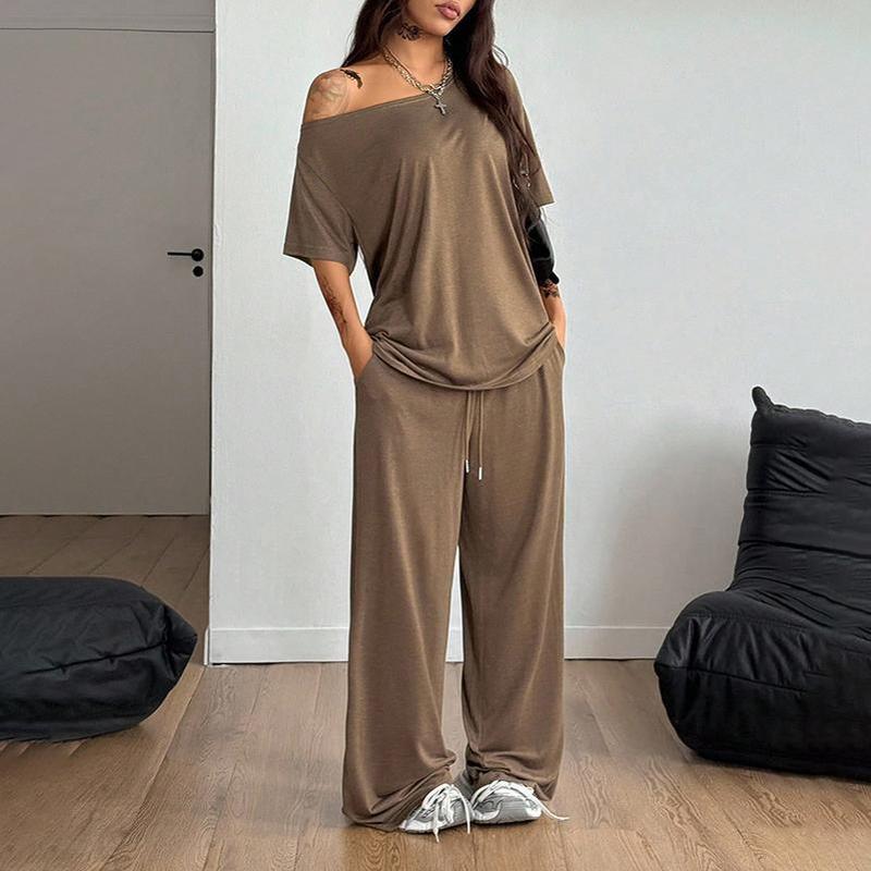 Two Piece Of Oversized Pullover Sweatshirt And Wide Pants Lounge Set For Women
