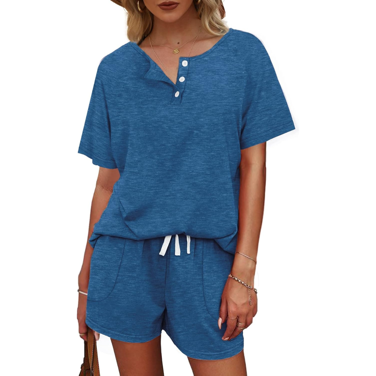 Two Piece Lounge Set with Button Down Top And Shorts