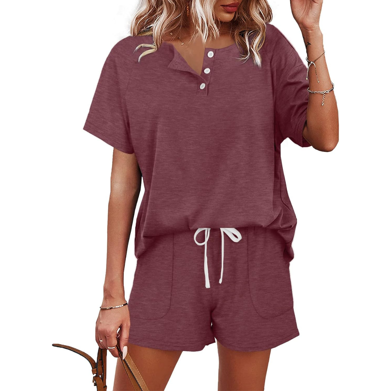 Two Piece Lounge Set with Button Down Top And Shorts