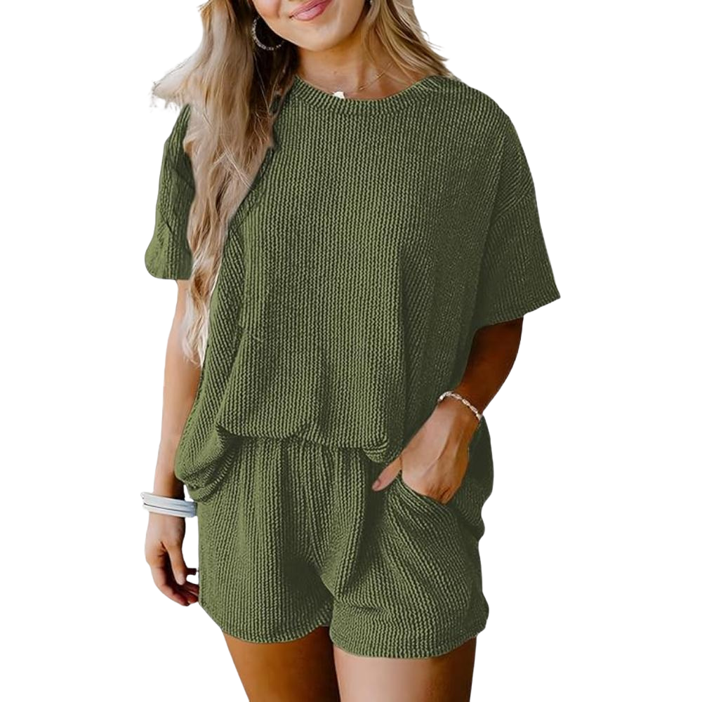 Ribbed Lounge Set Short Sleeve Top And Shorts with Pockets
