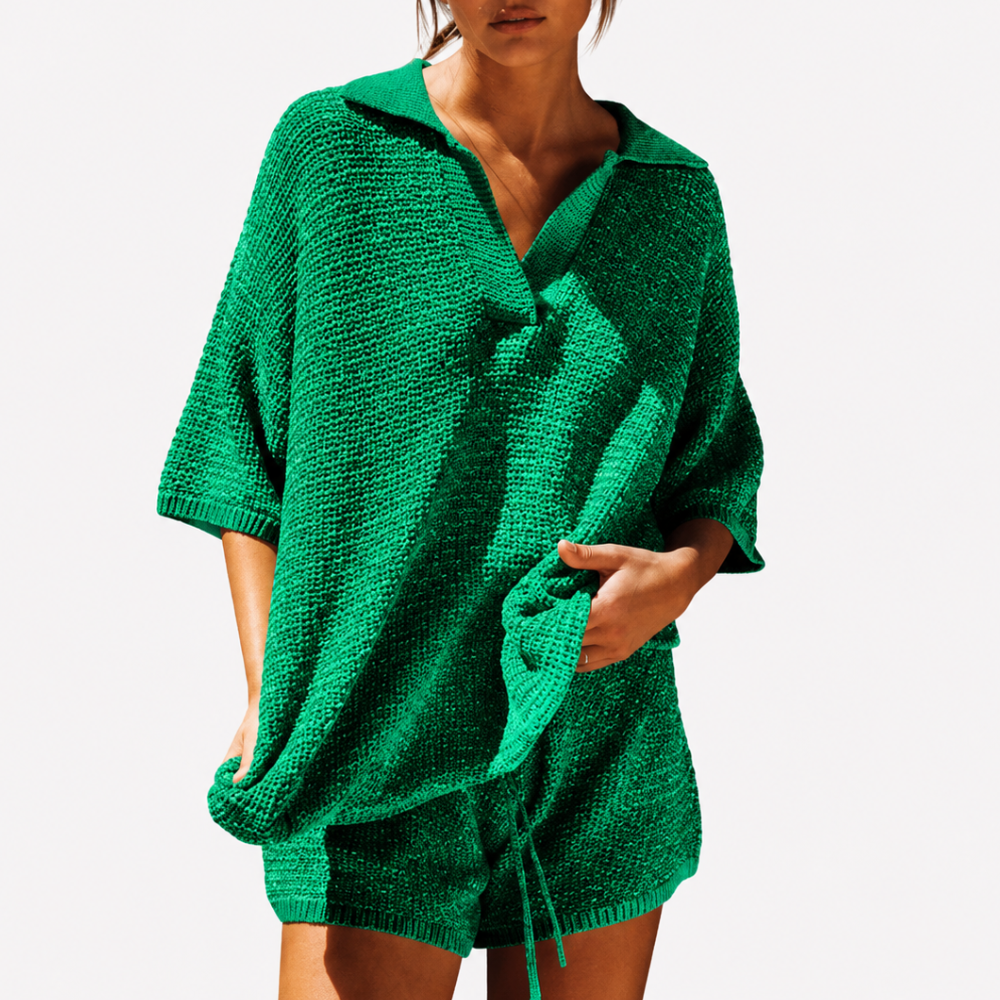 Casual 2 Piece Oversized V Neck Knit Top And Shorts Set For Women
