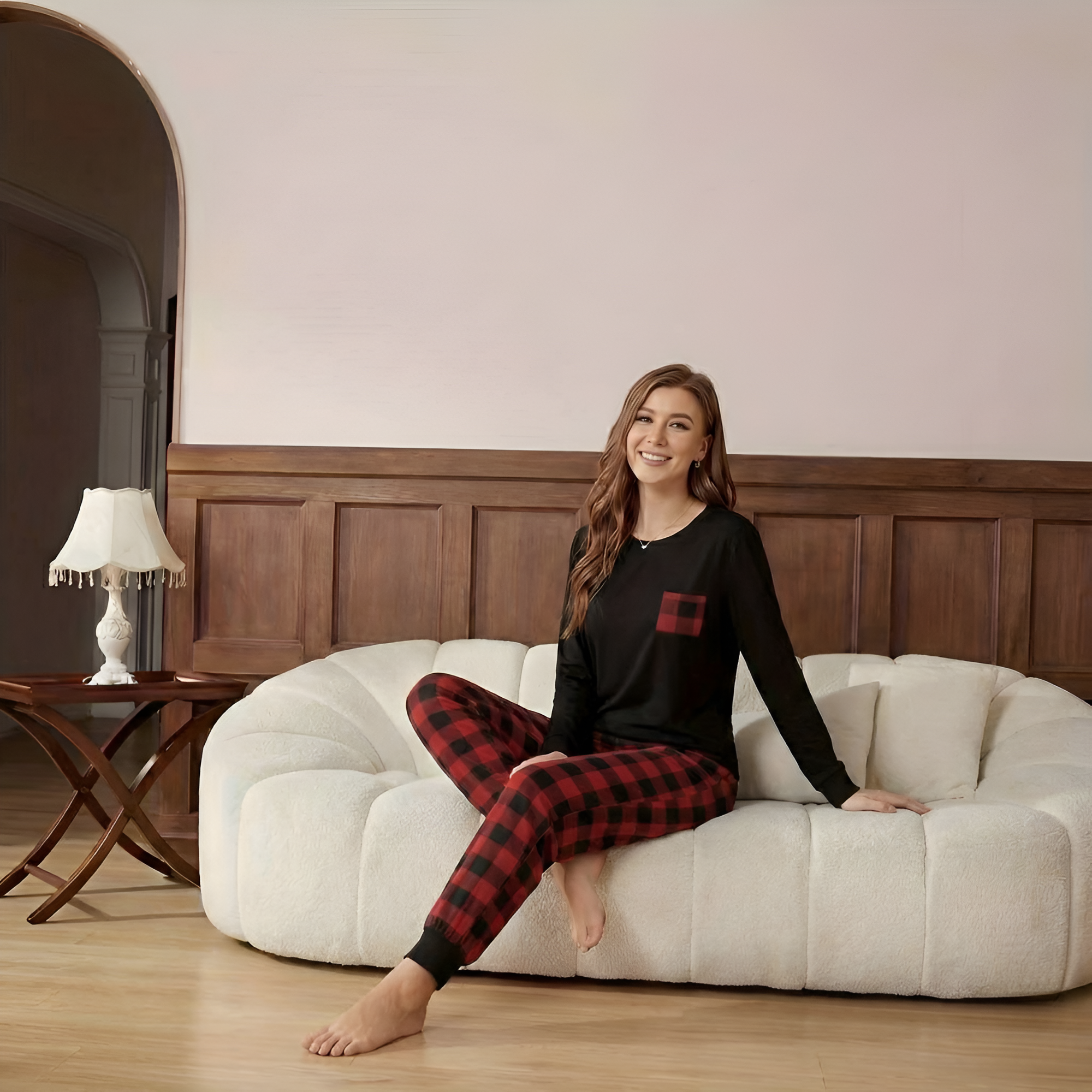 Plaid Designed Lounge Pajama Set For Couple With Pockets